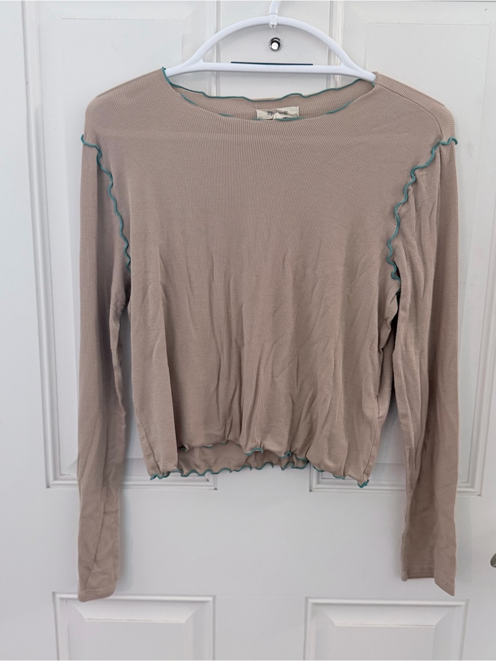 Madewell Ribbed Long Sleeve Top M | Beige Turquoise Trim